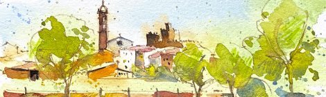 Aquarel·la amb una panoràmica de La Bisbal d'Empordà.