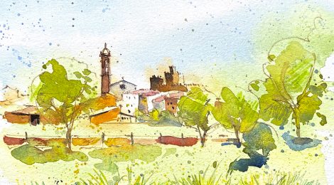 Aquarel·la amb una panoràmica de La Bisbal d'Empordà.