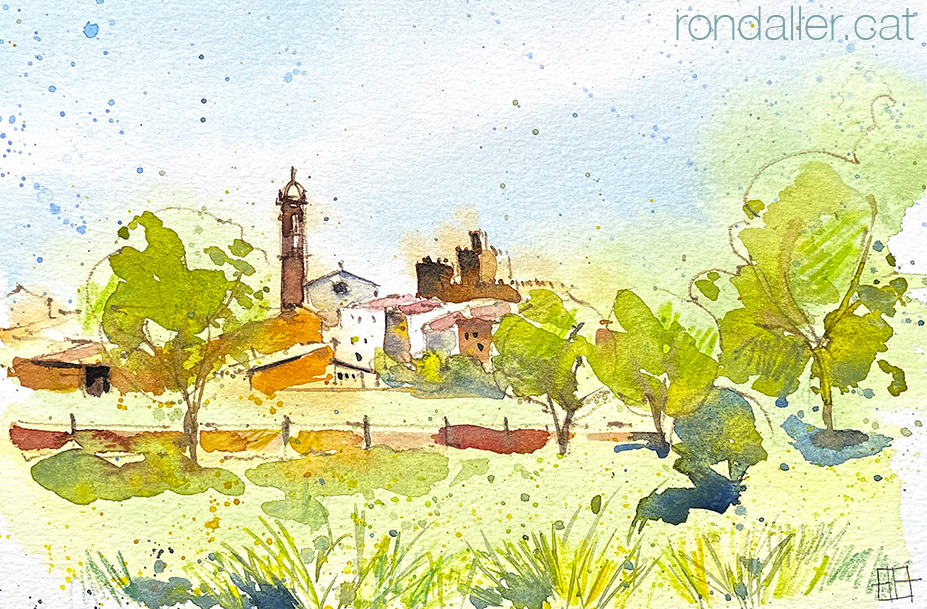 Aquarel·la amb una panoràmica de La Bisbal d'Empordà.