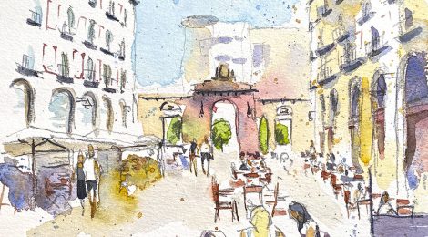 Aquarel·la de la plaça de les Peixateries Velles de Reus.