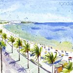 Aquarel·la amb una panoràmica del passeig de Jaume I de Salou.