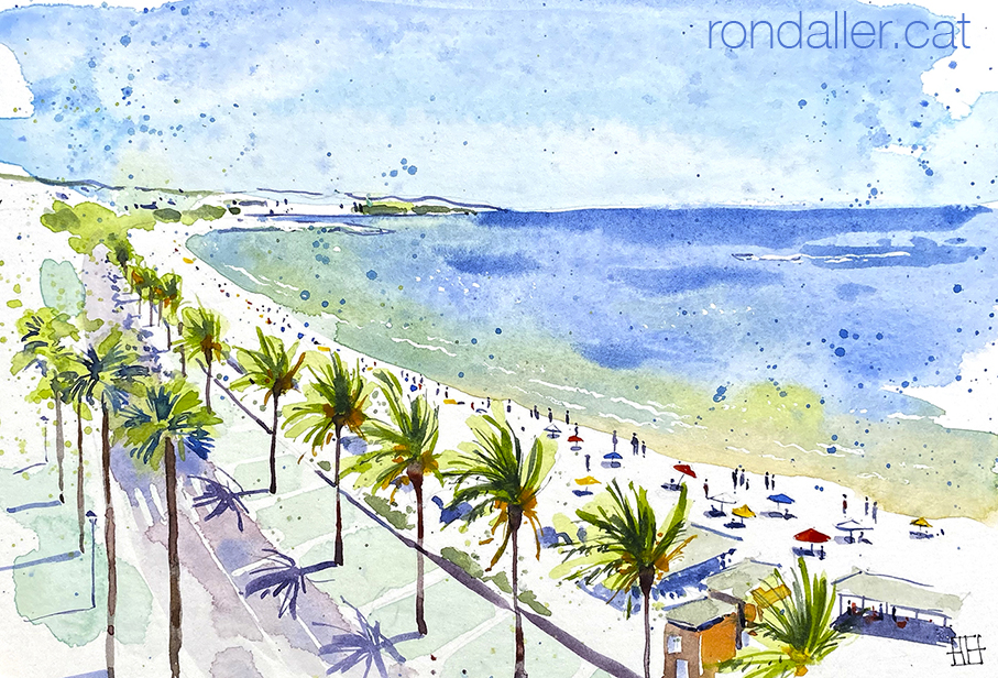 Aquarel·la amb una panoràmica del passeig de Jaume I de Salou.