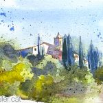 Aquarel·la de l'església de Sant Pere de Riu, dins el terme de Pineda de Mar.