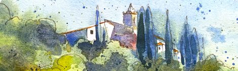 Aquarel·la de l'església de Sant Pere de Riu, dins el terme de Pineda de Mar.