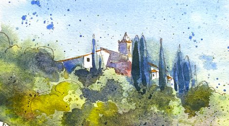 Aquarel·la de l'església de Sant Pere de Riu, dins el terme de Pineda de Mar.