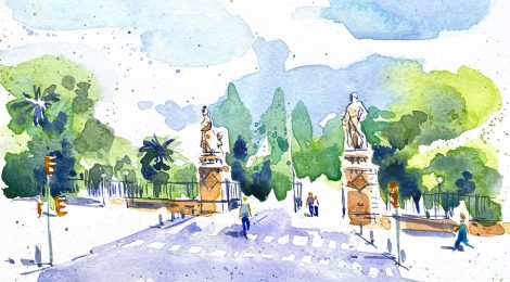 Aquarel·la de l'entrada al parc pel passeig de Picasso.