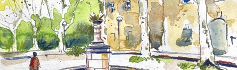 Aquarel·la de la font de la Puda de Banyoles, al Pla de l'Estany.