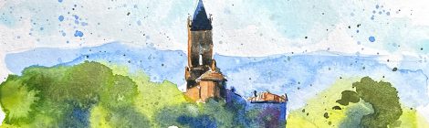 Aquarel·la amb una panoràmica del campanar del Mas Casademunt d'El Brull.