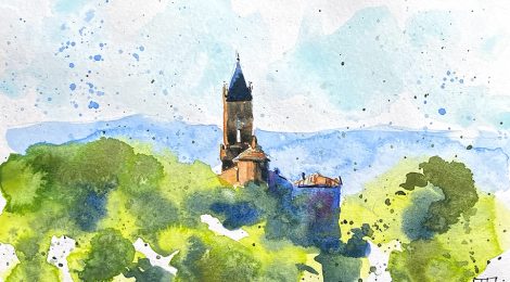 Aquarel·la amb una panoràmica del campanar del Mas Casademunt d'El Brull.
