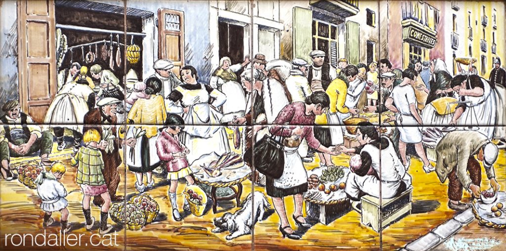 El mercat del carrer d'en Trenta. Plafó ceràmic a Malgrat de Mar amb la il·lustració d'Opisso.