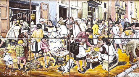 Plafó ceràmic a Malgrat de Mar amb la il·lustració d'Opisso titulada El mercat del carrer d'en Trenta.