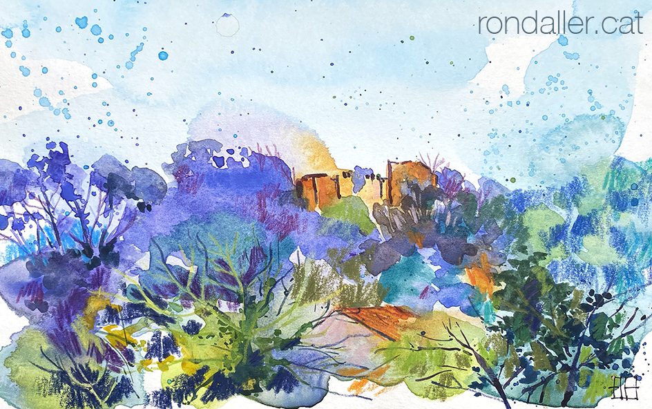 Aquarel·la de les restes del castell de Ribatallada envoltat de boscos.