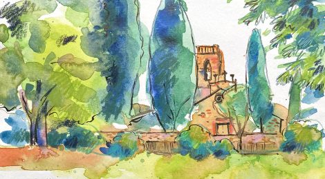 Aquarel·la de l'església de Santa Maria l'Antiga a Santiga.