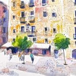 Aquarel·la de la plaça del Pi al Barri Gòtic de Barcelona.