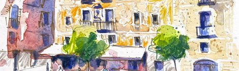 Aquarel·la de la plaça del Pi al Barri Gòtic de Barcelona.