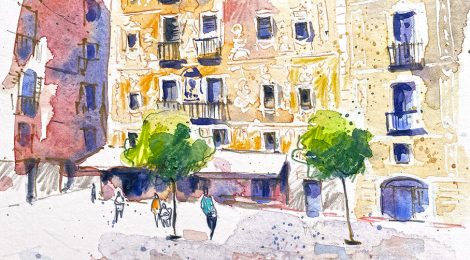 Aquarel·la de la plaça del Pi al Barri Gòtic de Barcelona.