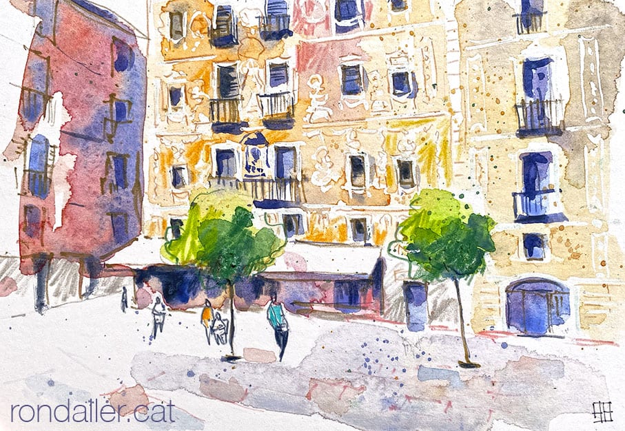 Aquarel·la de la plaça del Pi al Barri Gòtic de Barcelona.