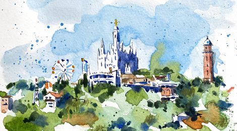 Aquarel·la amb una panoràmica de la muntanya del Tibidabo.