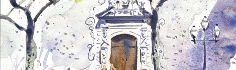Aquarel·la de la portalada de l'església de Santa Maria de Cardedeu.