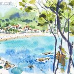 Aquarel·la amb una panoràmica de la cala i la vila de Llafranc.