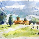 Aquarel·la amb una panoràmica del Santuari del Corredor.