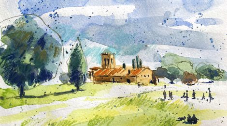 Aquarel·la amb una panoràmica del Santuari del Corredor.