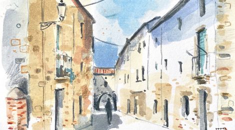 Aquarel·la amb una vista del carrer d'Avall d'Anglès.