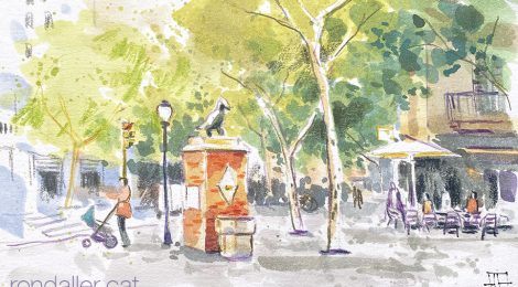 Aquarel·la de la plaça de l'Oca al barri del Camp de l'Arpa.