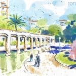 Aquarel·la del Parc del Clot, amb les arcades dels antics tallers ferroviaris.