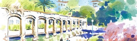 Aquarel·la del Parc del Clot, amb les arcades dels antics tallers ferroviaris.