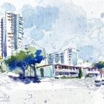 Aquarel·la dels edificis de la urbanització Castillejos de Vilassar de Mar.