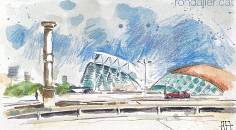 Aquarel·la amb una panoràmica de la Ciutat de les Arts i les Ciències de València.