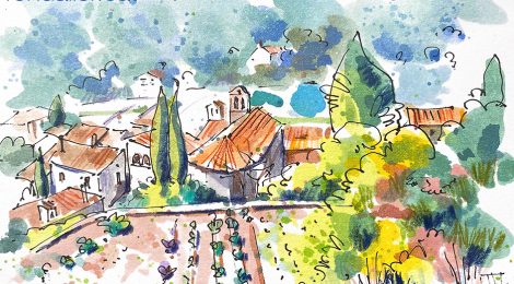 Aquarel·la amb una panoràmica de la població de Figaró-Montmany.