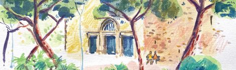 Aquarel·la de l'església de Sant Romà de Lloret de Mar.