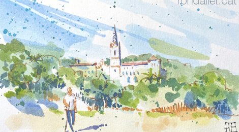 Aquarel·la del santuari de Sant Pere del Bosc a Lloret de Mar.