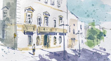 Aquarel·la de la façana de l'Ajuntament de Mataró.