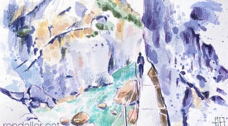 Aquarel·la de les passarel·les del Riu Vero a Alquézar.