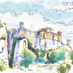 Aquarel·la amb una panoràmica de la població d'Alquézar.