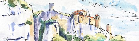 Aquarel·la amb una panoràmica de la població d'Alquézar.