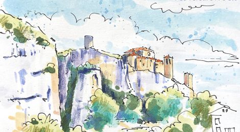 Aquarel·la amb una panoràmica de la població d'Alquézar.