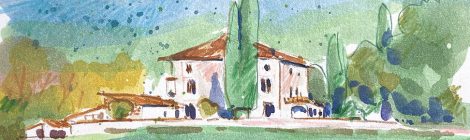 Aquarel·la de la masia de Can Llinars a Sant Pere de Vilamajor.