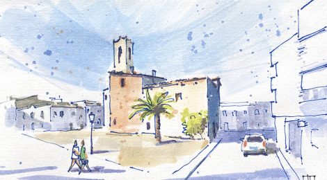 Aquarel·la de l'església de Sant Cristòfol de Cunit.