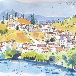 Aquarel·la amb una panoràmica del poble de Garcia a la Ribera d'Ebre.