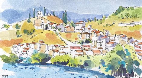 Aquarel·la amb una panoràmica del poble de Garcia a la Ribera d'Ebre.