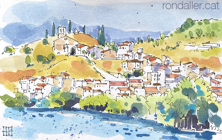 Aquarel·la amb una panoràmica del poble de Garcia a la Ribera d'Ebre.