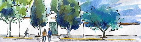 Aquarel·la amb una vista de l'exterior del cementiri de Moncada.