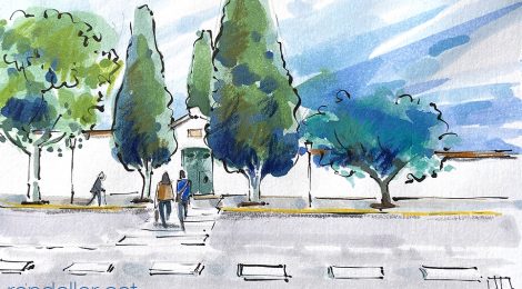 Aquarel·la amb una vista de l'exterior del cementiri de Moncada.