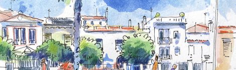 Aquarel·la dels habitatges del Camí Ral.