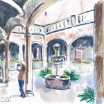 Aquarel·la del claustre de la Casa de l'Ardiaca de Barcelona.