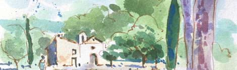 Aquarel·la de l'ermita de la Mare de Déu de les Arenes de Castellar del Vallès.